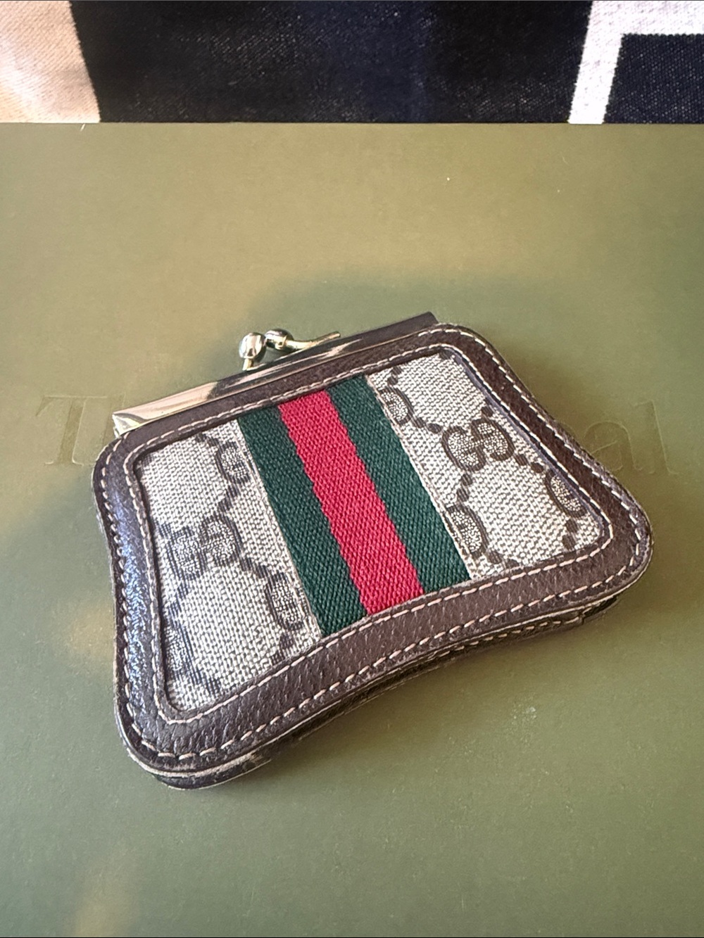 Gucci Brown GG Canvas Coin Purse with Green and Red Web